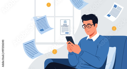 Man using smartphone for online banking, financial documents and coins flying around