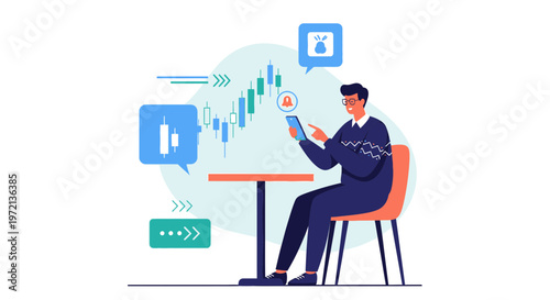 Man using smartphone for stock trading analysis with charts and notifications on screen
