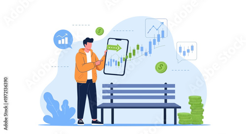 Man using smartphone for stock trading, financial growth and investment concept