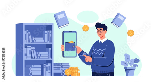 Man with smartphone and coins near bookshelf, online learning and finance concept