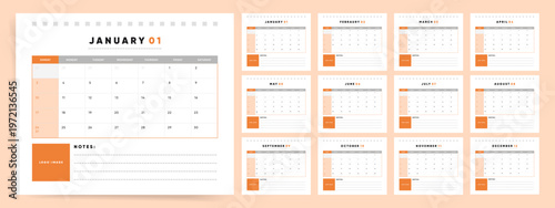 2027 Calendar template. Warm peach calendar design. Week Starts on Sunday.