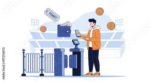 Man with ticket and wallet at stadium entrance turnstile, digital payment concept