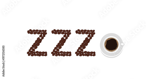 Three capital letters Z are crafted from aromatic brown coffee beans to indicate tiredness next to a white porcelain cup of strong morning espresso.
