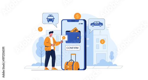 Online Taxi Booking App: Man Paying for Ride via Mobile Wallet and Credit Card