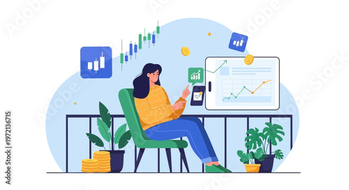 Woman analyzing stock market charts on smartphone and tablet, financial growth concept