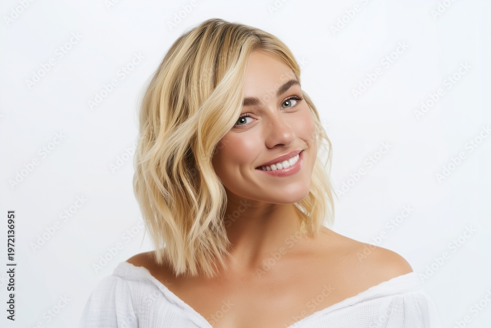 Naklejka premium smiling young woman with blonde wavy bob hair isolated on white