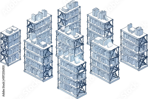 Isometric Library Bookshelves Illustration for Data Management and Knowledge Storage