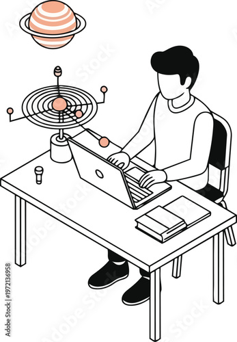 Isometric Line Art Illustration of a Student Studying Astronomy with a Laptop and Solar System Model