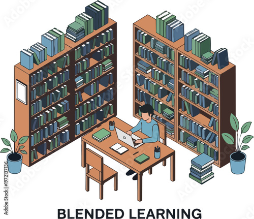 Isometric Blended Learning Concept Illustration: Student Studying in a Library with Laptop and Books