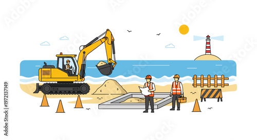 A yellow excavator digs a trench on a sunny beach where construction workers review plans near a red and white striped lighthouse and ocean waves.
