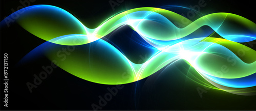 Abstract waves, vibrant colors, luminous lines create flowing energy. Brightness contrasts against dark background.