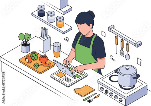 Isometric Illustration of a Woman Cooking in a Modern Kitchen and Using a Tablet for Recipes