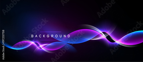 Abstract background features vibrant curves, glowing lines. Dark purple, blue, pink hues create dynamic visual effect. Modern design element.
