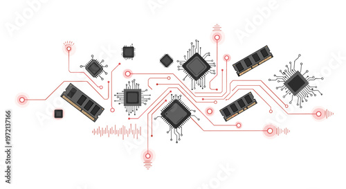 Various dark gray microchips and RAM sticks are arranged in a dynamic pattern connected by glowing red circuit board traces on a pristine white background.