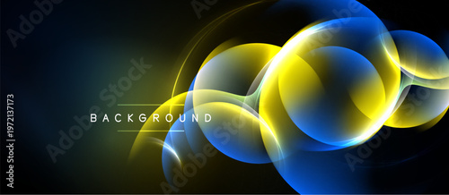Abstract design features luminous curves, vibrant yellow, blue hues. Dark background enhances glowing effect, creating modern visual.