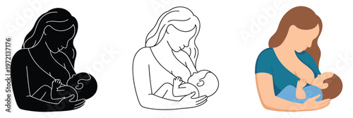 breastfeeding mother silhouette with nursing infant, newborn nutrition concept, vector icon set in three styles, black solid silhouette, thin outline, flat color fills, clean minimal maternal care des