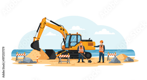 A large yellow excavator sits on a sandy beach while two construction workers in orange safety vests discuss the coastal project near striped traffic barriers.