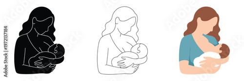 breastfeeding mother silhouette with nursing infant, newborn nutrition concept, vector icon set in three styles, black solid silhouette, thin outline, flat color fills, clean minimal maternal care des