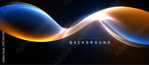 Abstract flowing light shapes. Blue, orange hues contrast against dark backdrop. Minimalist design, elegant presentation.