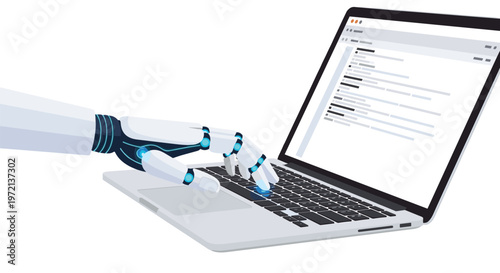 A pristine white robotic hand featuring glowing blue joints types with precision on a silver laptop keyboard against a clean and bright background.