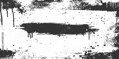 Abstract grunge style texture with dynamic black brushstrokes and splatter on a background of texture, evokes a sense of raw art. 