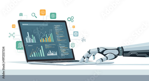 A meticulously detailed robotic hand with visible mechanical joints types efficiently on a laptop keyboard beneath a cloud of colorful floating data icons.