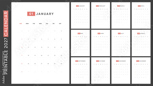 2027 Calendar template. Minimal printable calendar design. Week Starts on Sunday.