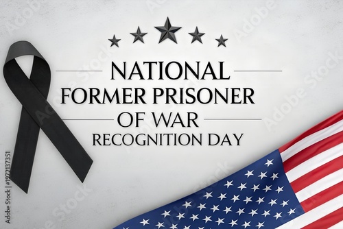 National Former Prisoner of War Recognition Day awareness poster with American flag and black ribbon