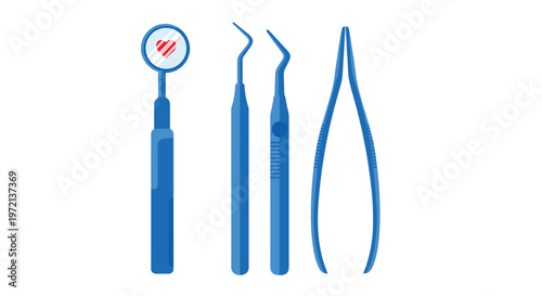 A set of four professional blue medical dental instruments including a mirror and tweezers are displayed vertically against a clean white background.