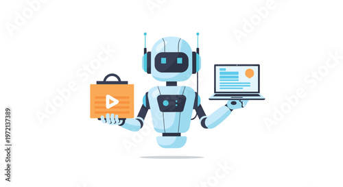 A sophisticated white humanoid robot meticulously balances a modern laptop and a vibrant orange media folder while floating in a pristine digital space.