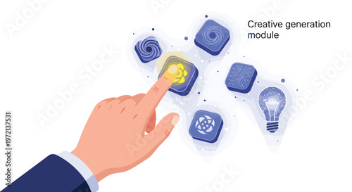 A human hand interacts with a glowing yellow creative generation module surrounded by various blue digital icons against a clean and minimalist white background.