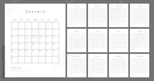 2027 Monthly Calendar template set. Handwritten minimal calendar for 2027 with monthly goals section. Week starts on Sunday.