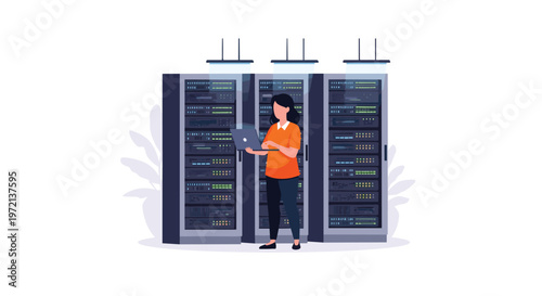 A professional female IT specialist in a vibrant orange shirt manages complex network systems using her laptop within a modern and cool-toned server room.