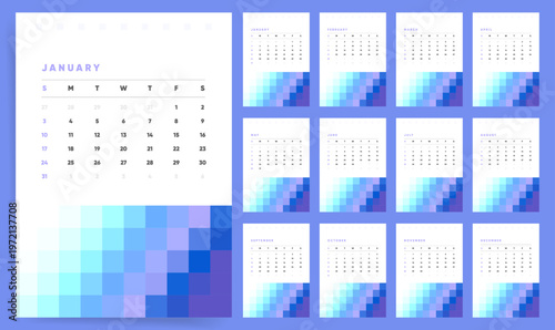 2027 Monthly Calendar template set. Creative geometric calendar for 2027 with blue mosaic pixel decoration. Week starts on Sunday.