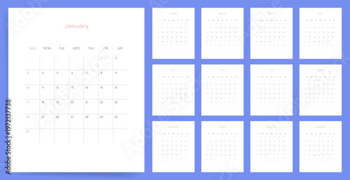 2027 Monthly Calendar template set. Clean minimal calendar for 2027 with red Sunday highlight on blue background. Week starts on Sunday.