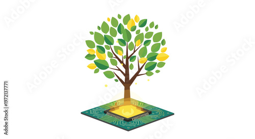 Small lush tree with yellow and green leaves thrives atop a glowing golden central processing unit mounted on a green electronic circuit board base plate.