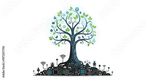 Elegant digital tree with a dark circuit trunk and vibrant green leaves displays various technological icons against a pristine white minimalist background.