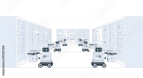 Several small white autonomous robots with glowing blue eyes navigate through a pristine data center filled with rows of tall grey server rack cabinets.