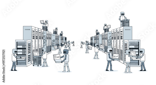 A large group of grey humanoid robots is actively engaged in maintaining and organizing equipment within a vast data center filled with server racks.