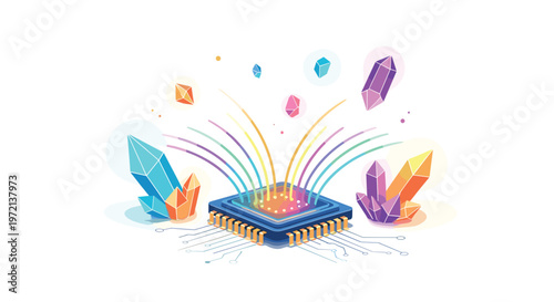 An isometric blue microchip emits several colorful rainbow light beams while surrounded by large, translucent orange, blue, and purple faceted crystals on white.