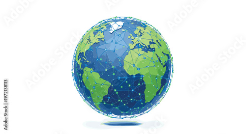 A detailed three-dimensional globe of the Earth is enveloped in a complex digital network of glowing green nodes and interconnected blue communication lines.