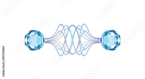 Two luminous blue geometric spheres are intricately linked by a series of flowing neon violet and cyan energy strands against a pristine white backdrop.