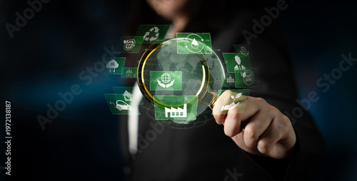 Принти на полотні Sustainable business uses eco-innovation, climate action, and long-term strategies to meet environmental goals and promote corporate responsibility