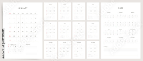 2027 Monthly Calendar template set. Ultra-minimal white calendar for 2027 with notes and annual overview page. Week starts on Sunday.
