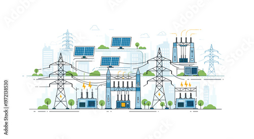 A meticulous technical illustration depicts a comprehensive renewable energy power grid featuring towering electrical pylons and solar panels under a bright clear sky.