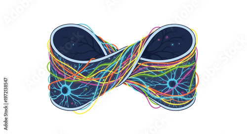 A translucent blue infinity ribbon reveals a complex internal structure of glowing multi-colored fibers and neural nodes against a stark white background.