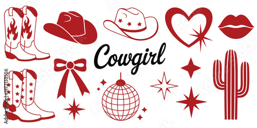 hand drawn western cowgirl set featuring cowboy boots, hats, stars, bow elements, rodeo theme clipart collection, trendy wild west style, decorative vector illustration for creative design projects.
