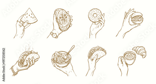 Vintage Hand Drawn Illustration Set of Hands Holding Breakfast and Snack Foods