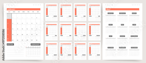 2027 Monthly Calendar template set. Bold orange header calendar for 2027 with notes section and annual overview. Week starts on Sunday.