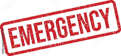 A red rectangular distressed rubber stamp clearly displaying the word EMERGENCY on a clean white surface